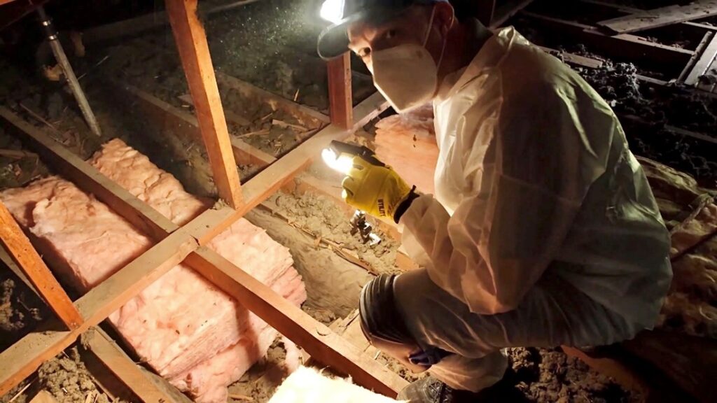 A contractor crouches in an attic above a dropped ceiling with insulation positioned ready to be installed.